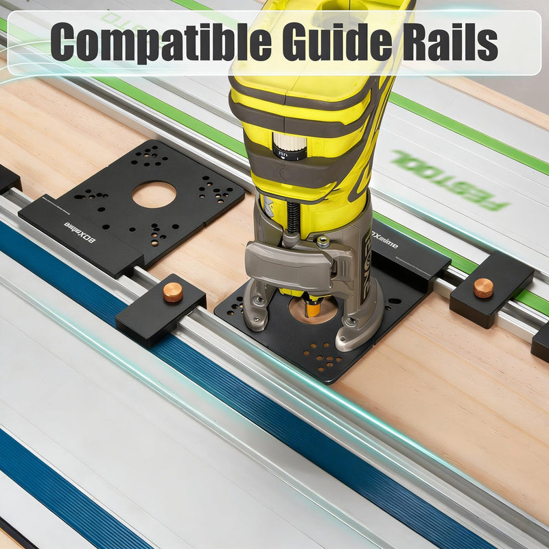 Universal Router Guide Rail Adapter,Designed for most Brand Fixed-Base Compact Routers,Compatible with Ma-kita&Fes-tool Track Saw Guide Rail ;Aluminium Router Base with 2 Pack Rail Stops