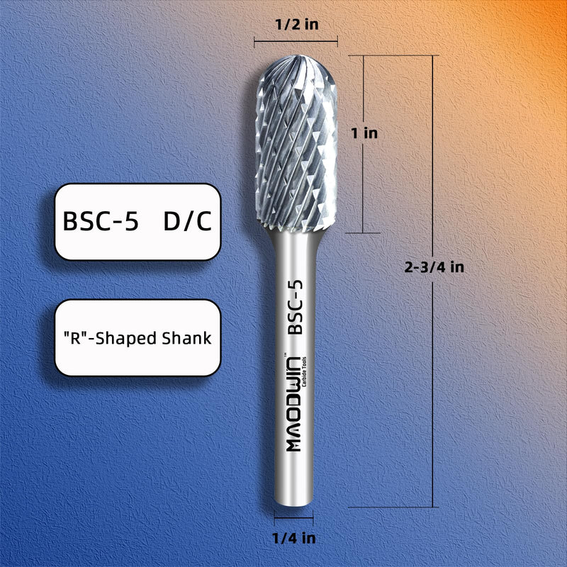 SC-5 Cylindrical with Radius End Double Cut Tungsten Carbide Rotary Files 1/4'' Shank 1/2" Cutting Diameter 1" Cutting Length Deburring Cutters for Wood Grinding & Deep Groove Machining SC-5