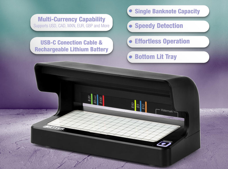 Counterfeit Bill Detector with UV Fluorescent Light, Portable & Compact for All Currencies, Passports, Gov't Issued IDs, Credit Cards, Power Cord & Rechargeable Battery, by Better Office Products