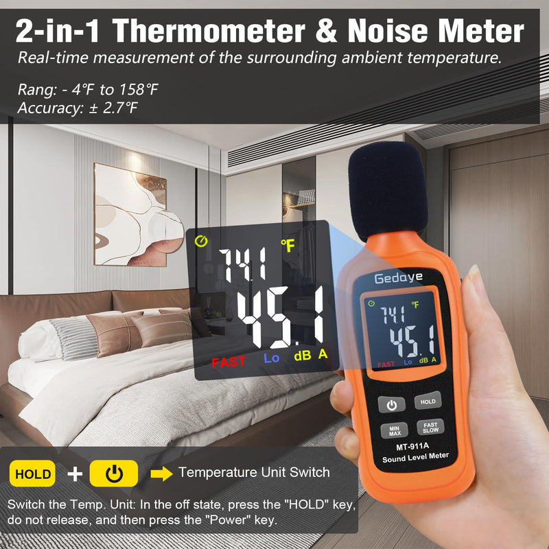 [Australia - AusPower] - Noise Decibel Meter, Gedaye Sound Level Meter, Range 35-135dBA, SPL Meter with A Weighted, Data Hold MAX/MIN Fast/Slow, for Classroom Workshop dB Reader Monitor Audio Measure Device Sound Detector Orange MT911 