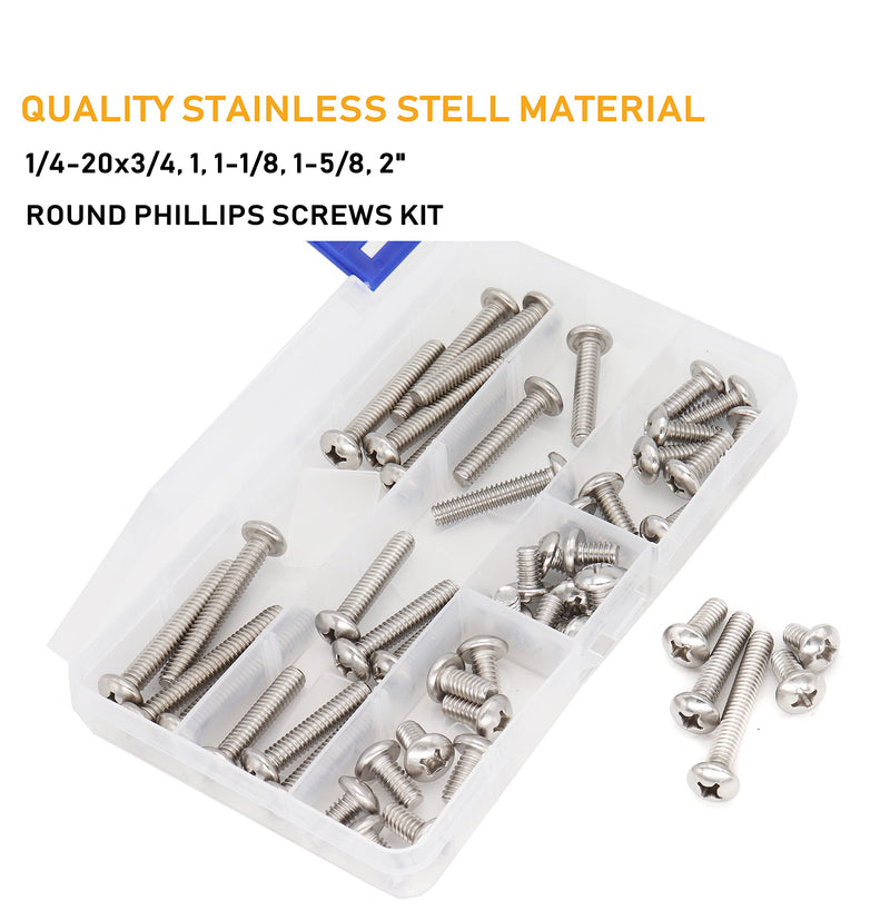 [Australia - AusPower] - binifiMux 50pcs 1/4-20 Inch Round Head Phillips Machine Screws Assortment Kit, 304 Stainless Steel Silver Tone, 1/4 x 3/4,1,1-1/8,1-5/8,2 Inch 1/4 x 3/4,1,1-1/8,1-5/8,2 Inch(50pcs) 