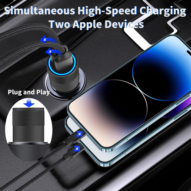 [Australia - AusPower] - 【MFi Certified】iPhone Fast Car Charger, Rombica 4.8A Dual USB Smart Power Cigarette Lighter USB Car Charger + 2Pack Lightning to USB Braided Cable for iPhone 14 13 12 11 Pro/XS Max/Mini/XR/SE/X/8/iPad Carbon Fiber Black 