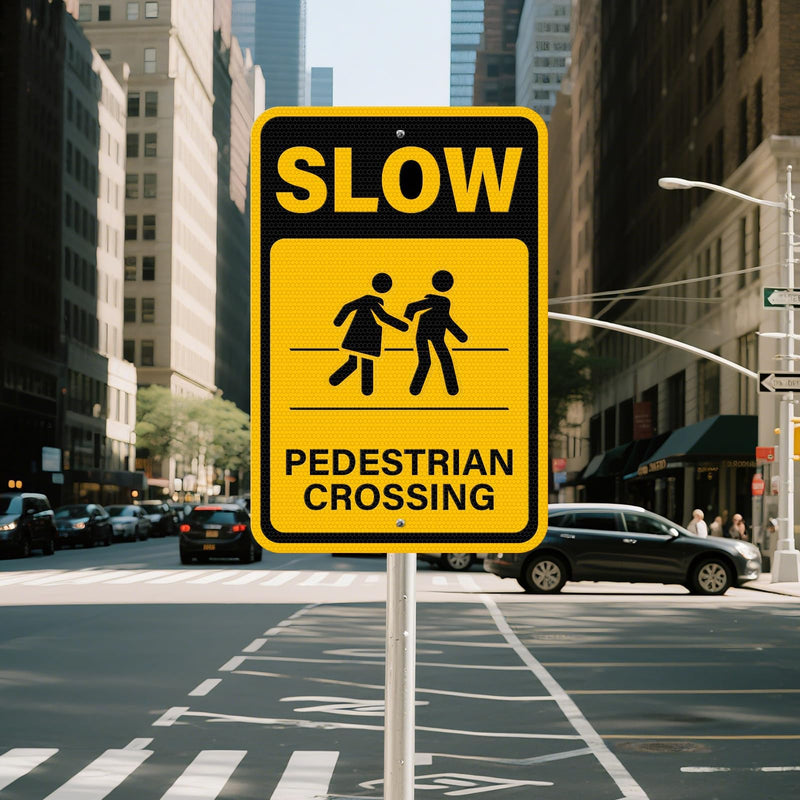 2 Pack Slow Pedestrian Crossing Sign 18 × 12 Inches High Reflective Waterproof Aluminum Metal Safety Warning Signage with Pre-Drilled Holes for Indoor Outdoor Use