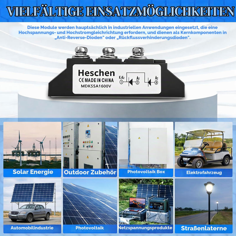 Heschen Photovoltaic Antireverse Rectifier, MDK-55, 55A 1600V, Full Wave Diode Module, Bridge Diode Rectifier Module