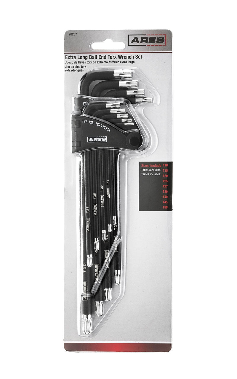 ARES 70257 - Extra Long Ball End Torx L-Key Set - 9-Piece Set Includes Sizes T10-T50 - Anti-Slip Textured Black Coating & Premium S2 Steel Construction - Storage Case Included 9pc Extra Long Ball End Torx L-Key