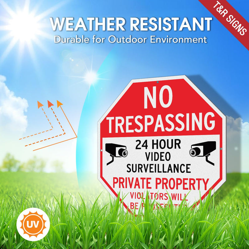 T&R Large No Trespassing Private Property Sign Video Surveillance Sign - 4 Pack - 12"x12" .040 Rust Free Heavy Aluminum, Reflective, Waterproof, Weatherproof and Fade Resistant, 4 pre-drilled holes, Easy to Mount RED - 12"x12" - 4 Pack
