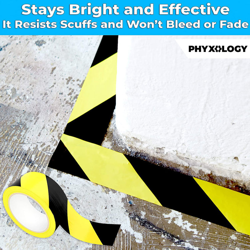 Double-Roll of Ultra-Adhesive Black & Yellow Hazard Tape for Floor Marking 2 Pk. Mark Floors & Watch Your Step Areas for Safety with High-Visibility Anti-Scuff Striped Vinyl by Phyxology Supply.