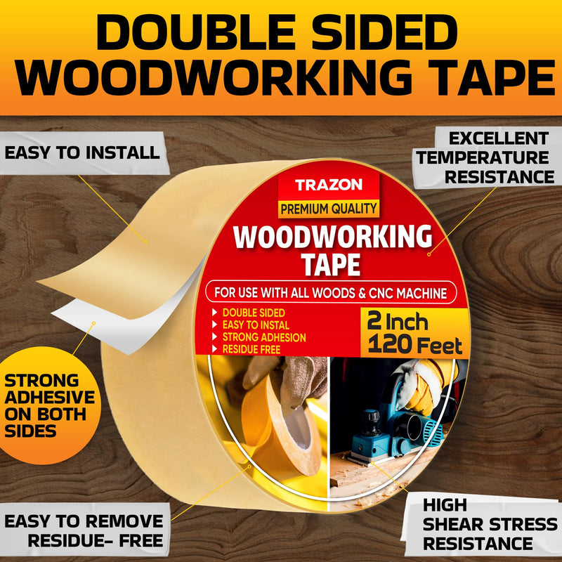 Trazon Double Sided Woodworking Tape Super Strong, 2 Inch x 120 Feet, Wood Crafter Sticky Tool, Two Side Adhesive for Router Templates and CNC Machine, Removable & Residue Free 1 2 Inch x 120 Feet, 1 Pack
