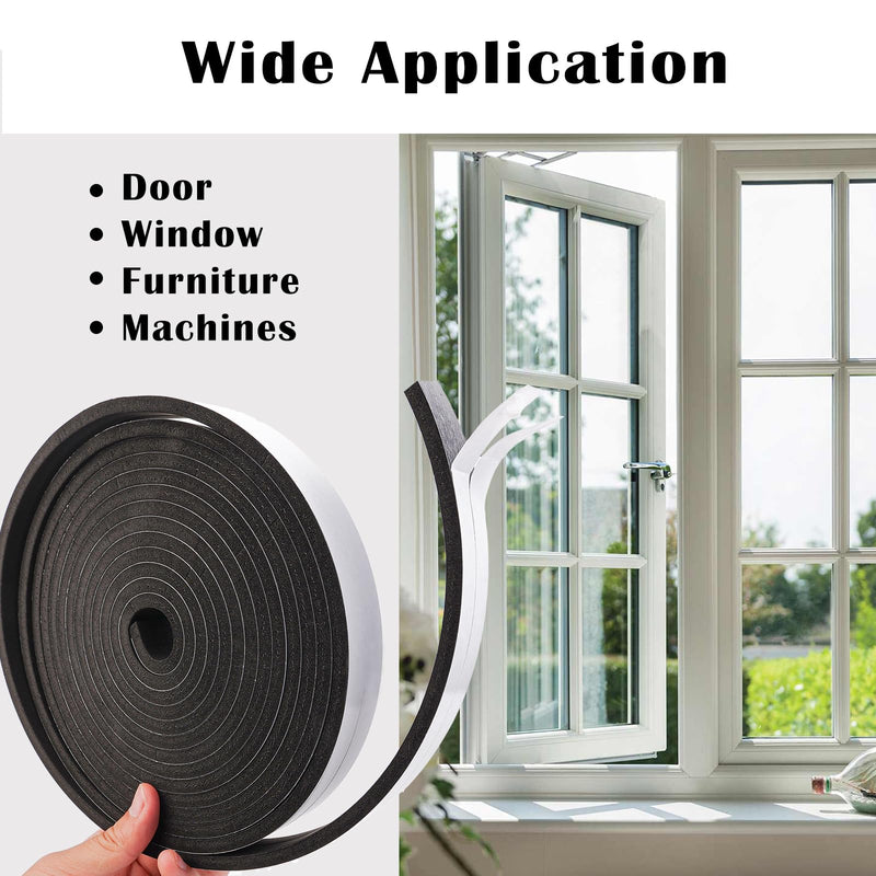 Black Foam Insulation Tape with Self-Adhesive Backing,Closed Cell Foam Weatherstripping 1/2 inch Wide x 3/8 inch Thick,Soundproofing Door Weather Seal Strip for Door and AC Window Seal,High Denisty 1/2 In wide x 3/8 In thick x 16Ft
