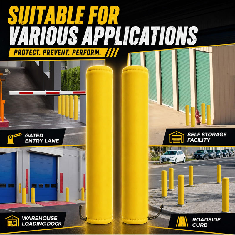 SATINIOR 2 Pack Neoprene Safety Bollard Cover, 0.16" Thick Fits up to 60 x 7 Heavy Duty Flat Top Bollard Post Sleeve with Drawstring, Safety Cover for Parking Lot Garage Warehouse Dock, Yellow 60 x 7 Inch