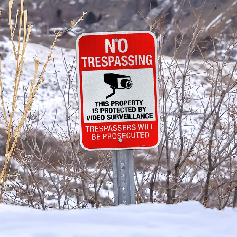 T&R (2 Pack) Large No Trespassing Private Property Sign Video Surveillance Sign, 18" x 12" Engineer Grade Reflective Sheeting, Rust Free Aluminum, Weather Resistant, Waterproof, Fade Resistant, 2 Pre-drilled Holes Red - 2 Pack