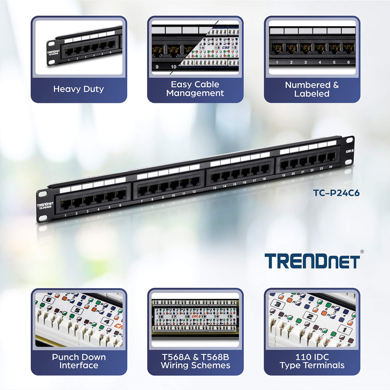 [Australia - AusPower] - TRENDnet 24-Port Cat6 Unshielded Patch Panel, Wallmount or Rackmount, Compatible with Cat3,4,5,5e,6 Cabling, For Ethernet, Fast Ethernet, Gigabit Applications, Black, TC-P24C6 24 Port Patch Panel 