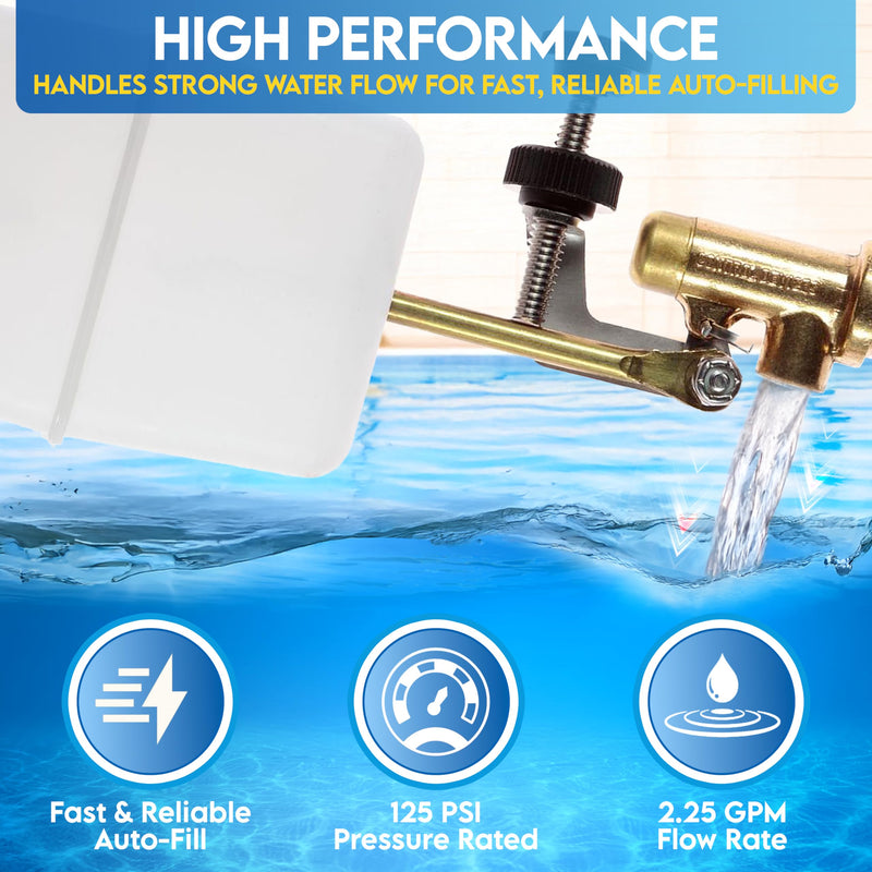 [Australia - AusPower] - Float Tec EZ Adjust Brass Replacement Float Valve 3/8" NPT Male Threads with 3" arm for Autofill, Pools, Spas, Water fountains, Livestock Water Trough, Water Tanks Fits 8" Canister 7 1/4" Long 