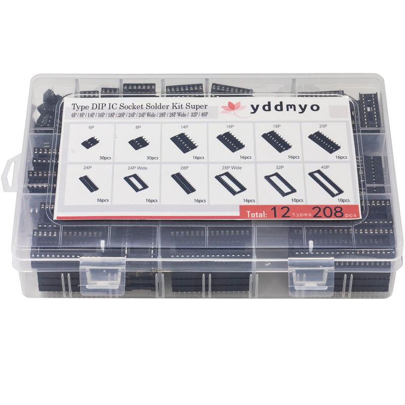 [Australia - AusPower] - 208pcs 12 Values DIP IC Socket Assortment Kit 2.54mm 0.1" Pitch 6 8 14 16 18 20 24 24Wide 28 28Wide 32Wide 40 Pins 