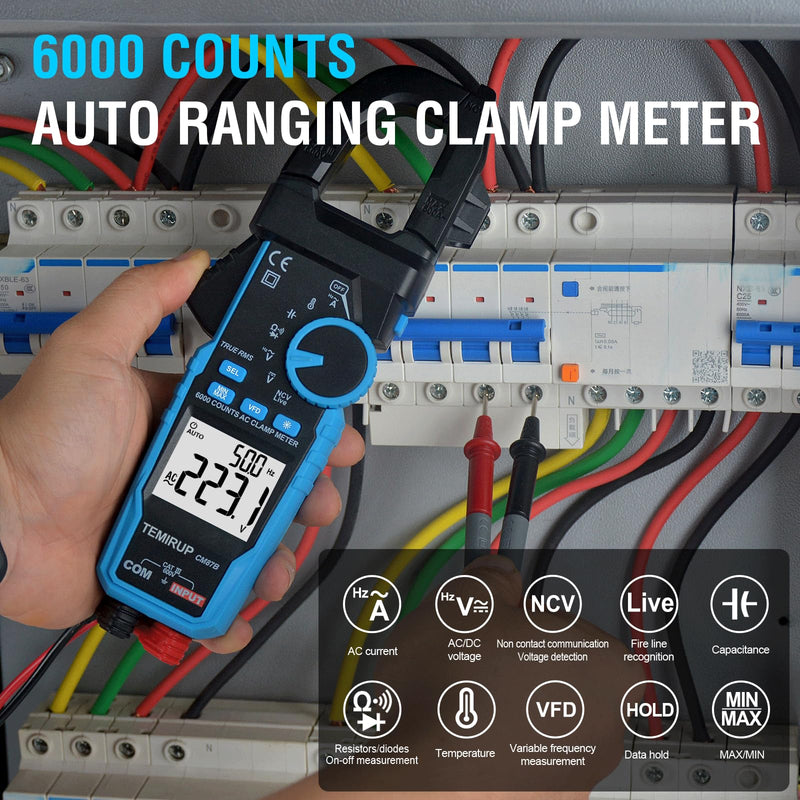 [Australia - AusPower] - Digital Clamp Meter Multimeter - TEMIRUP Auto-ranging 6000 Counts Amp Voltage Tester with D-Shaped Jaw VFD Mode, Measuring NCV, AC/DC Voltage AC Current Temperature Capacitance Resistance Continuity 600A AC Clamp Meter 