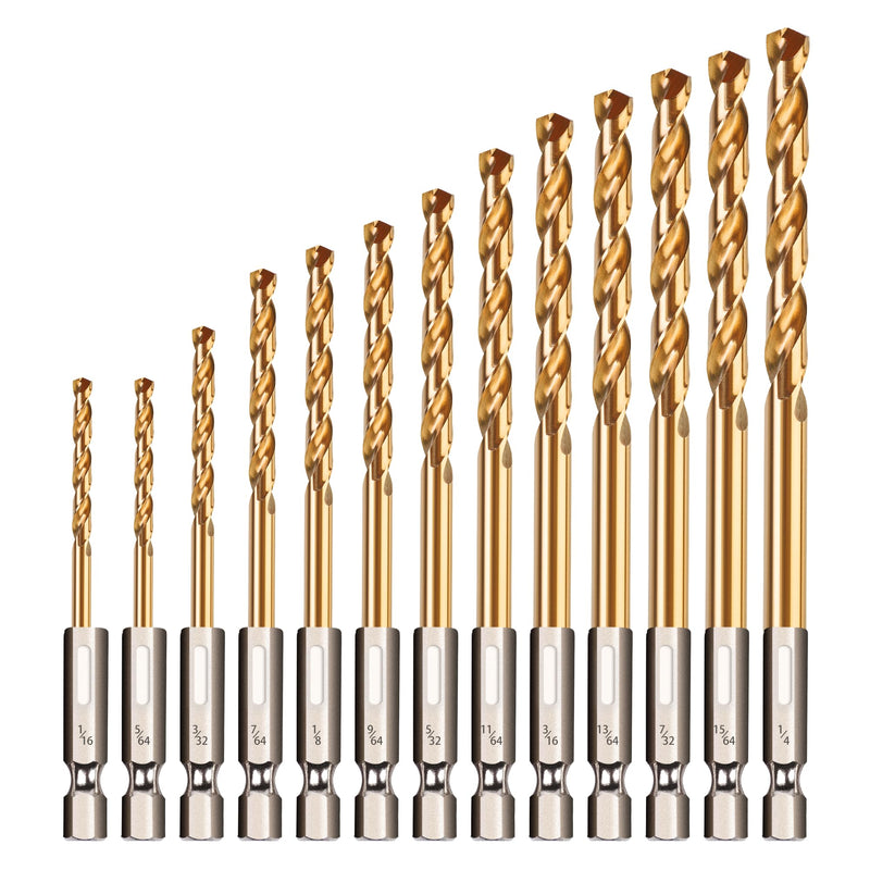 13 Pcs Titanium Coated Twist Hex Shank Drill Bit Set, 135 Degree Tip HSS Impact Drill Bit Set with Storage Case for Metal, Aluminum, Steel, Wood, Plastic, Quick Change Design 1/16" to 1/4" 13pcs-HEX