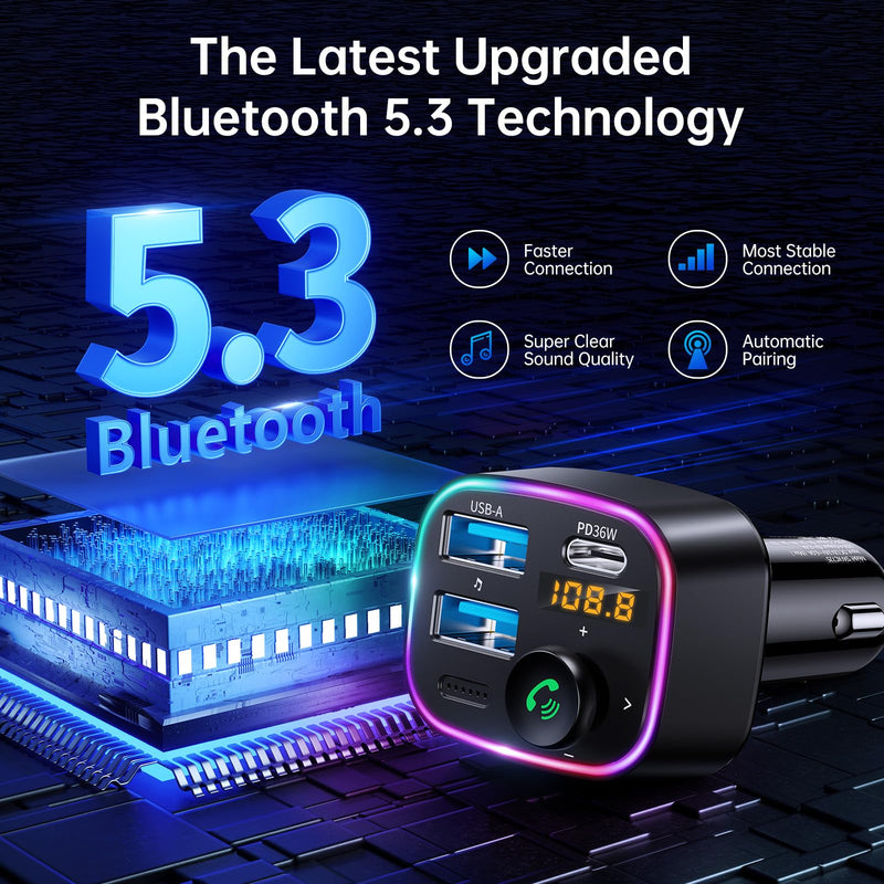 [Australia - AusPower] - Syncwire Bluetooth 5.3 FM Transmitter Car Adapter 48W (PD 36W & 12W) [Light Switch] [HiFi Bass Sound] [Fast Charging] Wireless Radio Music Adapter LED Display Hands-Free Calling Support USB Drive Black 