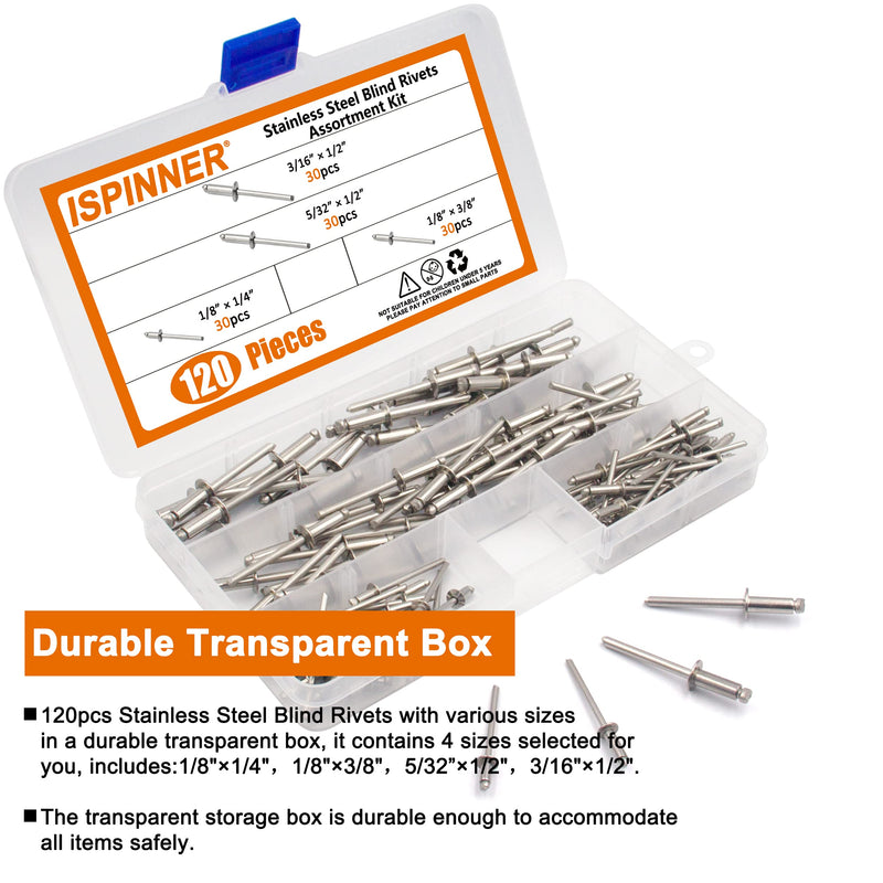 [Australia - AusPower] - ISPINNER 120pcs 304 Stainless Steel Blind Rivets, Pop Rivets Assortment Kit 