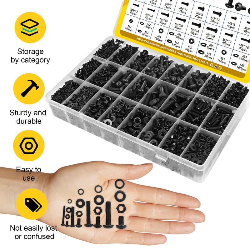[Australia - AusPower] - 2300PCS M3 Screws with Nuts Assortment Kit & 2200PCS M2 M3 M4 M5 Hex Socket Button Head Bolts Assortment Kit, Black Zinc Plated 