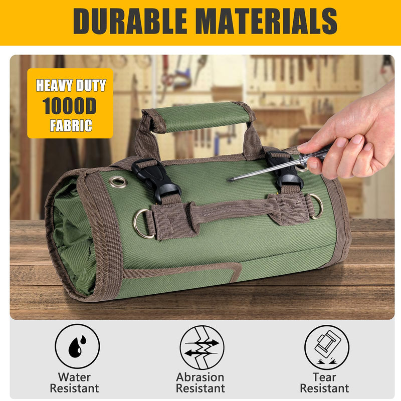 Roll Up Tool Bag, Heavy Duty Tool Organizer with 2 Detachable Zipper Pouches, Compact Durable Tool Storage for Men Women, Perfect for Handyman, RV Owners, Dad Birthday or Father’s Day Gifts