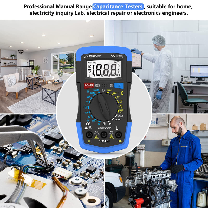 Capacitor Tester 2000pF~200uF, 200~2000M0 0hm Multimeter Capacitance Meter, LCR Meter, hFE Test Multimeter, Manual Range, Backlight, Auto Power Off, Testing Meter Tool GC-4070L 2 Packs