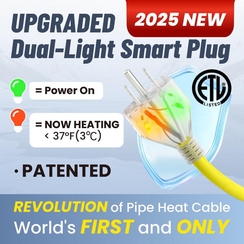 3 Ft Upgraded Dual-Indicators Heat Tape for Water Pipes, YeloDeer Self-Regulating Heat Trace with Thermostat, Heating Cable with Extra End Seals for Metal and Plastic Pipes 120V 5W/Ft(New) 3-feet