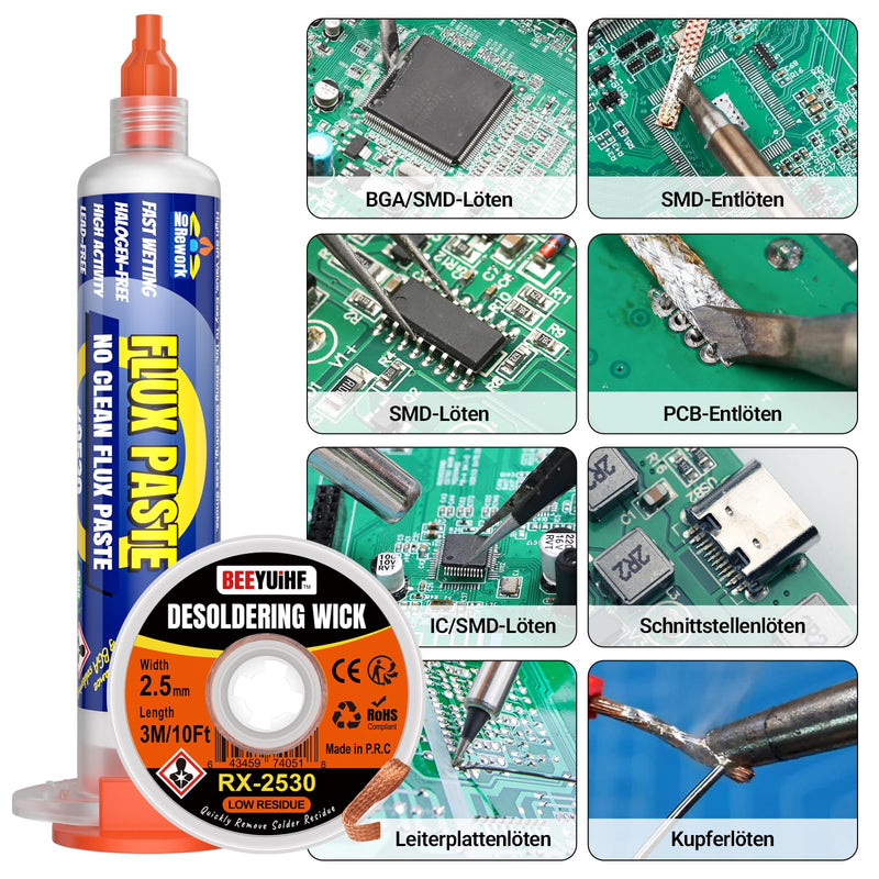 Rosin Soldering Pastes Flux (10 cc Syringe) with Desoldering Wire (3 m / 10 ft 2.5 mm) for Electronics Soldering Repairs Kit