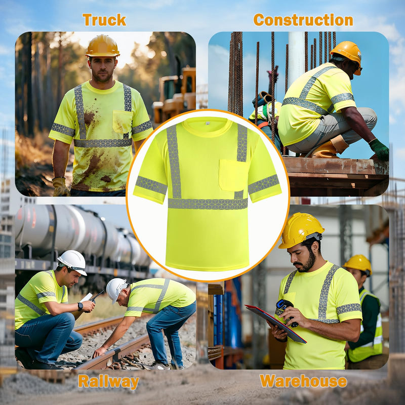 Hi Vis Reflective Safety Shirts for Men, High Vis Shirts Class 3 Short Sleeve (Yellow L) B-yellow Large