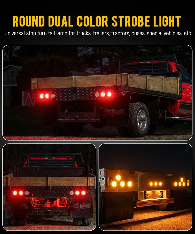 [Australia - AusPower] - Partsam 2Pcs 4 Inch Round Red Stop Turn Tail Lights to Amber Strobe Lights Kit 19 Diodes w/Chrome Bezels and 3-Prong Wire Pigtails, Red/Amber 4 Inch Round Led Trailer Tail Lights and Amber Indicators 