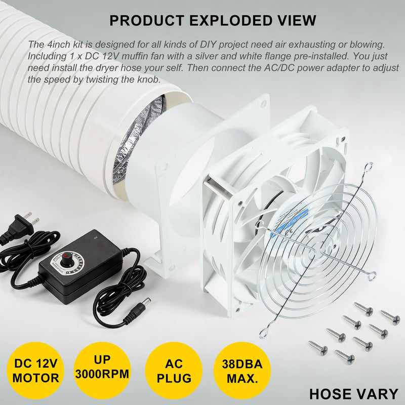 4in DC12V Fume Extractor Air Exhaust Fan Kit, White | 6.5ft Dryer Hose, 3000RPM 120*38mm, AC Controller, Dual Ball Bearings, For 3D Printer, 3D Laser, Grow Tent Model-B (with Duct Hose)