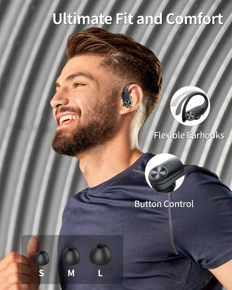 [Australia - AusPower] - Bluetooth Headphones Wireless Earbuds 80hrs Playtime Wireless Charging Case Digital Display Sports Ear buds with Earhook Premium Deep Bass IPX7 Waterproof Over-Ear Earphones for TV Phone Laptop Black M 