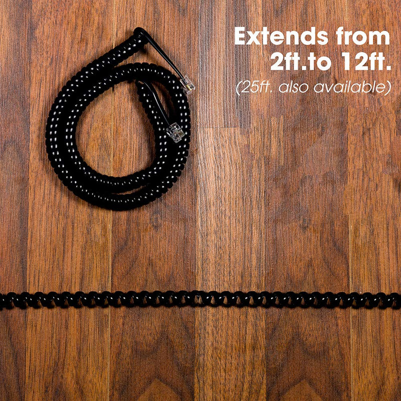 [Australia - AusPower] - Power Gear Coiled Telephone Cord, 2 Feet Coiled, 12 Feet Uncoiled, Phone Cord works with All Corded Landline Phones, For Use in Home or Office, Black, 27639 1 Pack 