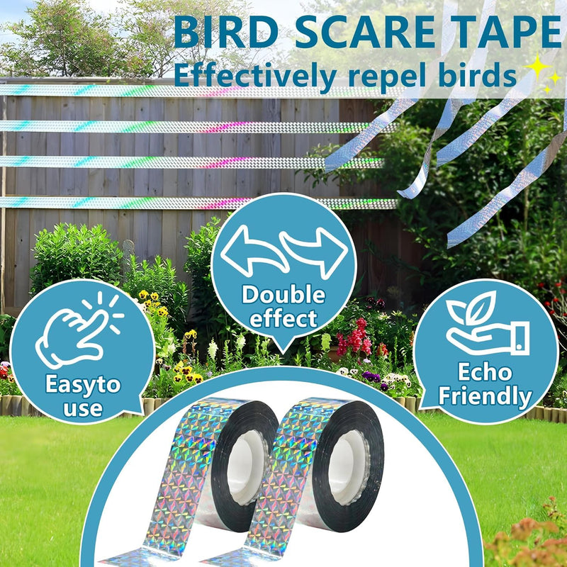 Bird Scare Reflective Tape, 328 ft Roll, Double-Sided Flash Tape for Sparrows and Woodpeckers, Outdoor Bird Deterrent for Gardens, Farms, Orchards, Homes