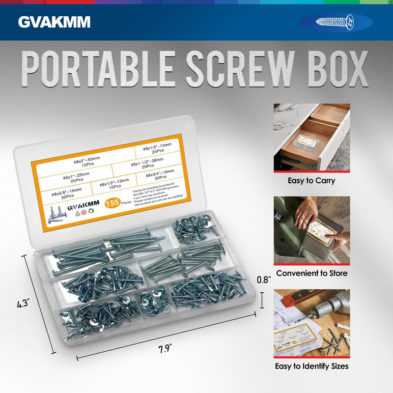 [Australia - AusPower] - Sheet Metal Screws Assortment Kit,#8 Self-Tapping Screws Set for Metal,155pcs,6 Sizes(2'',1-1/2'',1'',3/4''?5/8'',1/2'')Modified Truss Head Zinc-Plated Self-Drilling Tek,for Wood,Metal,Plastic Box Packing 