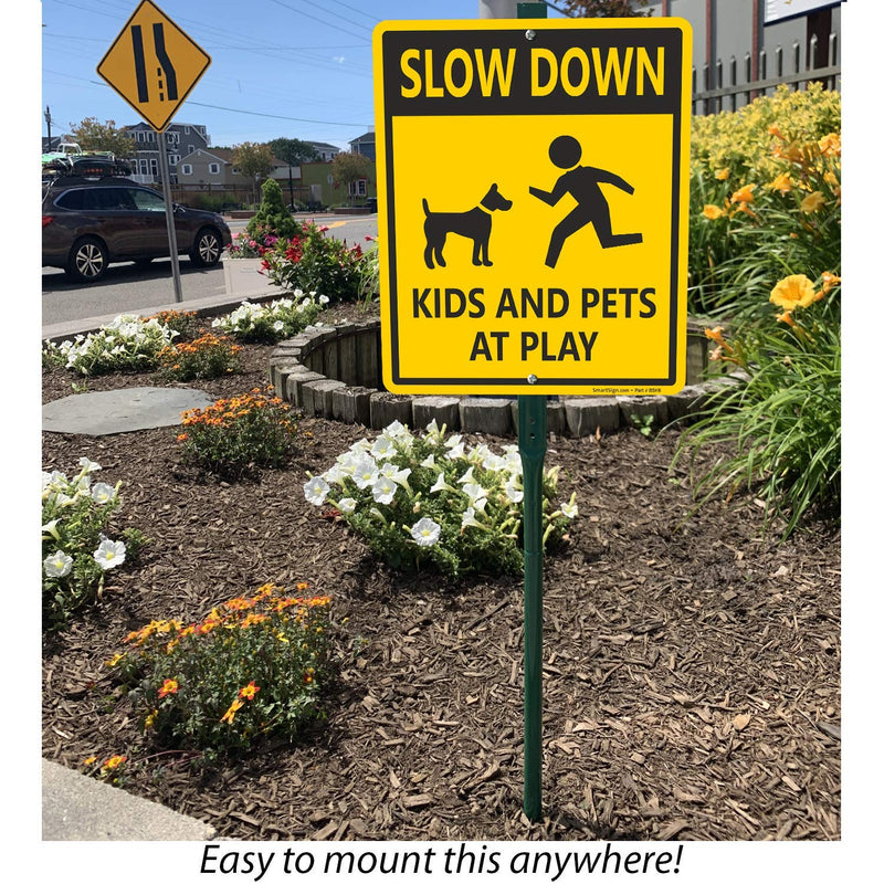SmartSign "Slow Down - Kids And Pets At Play" LawnBoss® Sign | 10" x 12" Aluminum Sign With 3' Stake