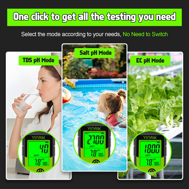 [Australia - AusPower] - Pool Salt Tester, Digital 5 in 1 pH TDS EC Salinity Meter with Calibration Solution Kit, Simultaneous Display ppm pH for Saltwater Pool, Aquarium, Hot Tub, Spa, Hydroponics, Home Brew&Pickling YK-T5S 
