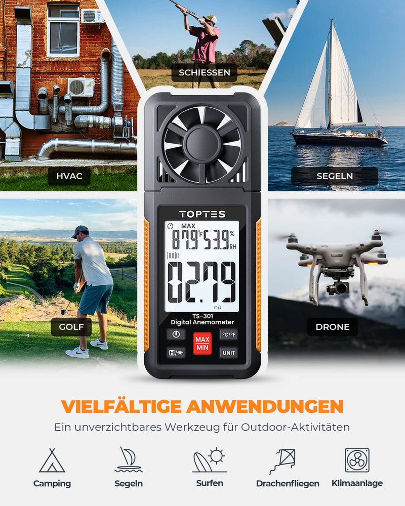 TopTes TS-301 Digital Wind Gauge with 2.26 Inch LCD Screen Anemometer Handheld Backlight Wind Speed Meter Gauge, Precise Measurement of Wind Speed for HVAC Sailing/Surfing/Drone orange