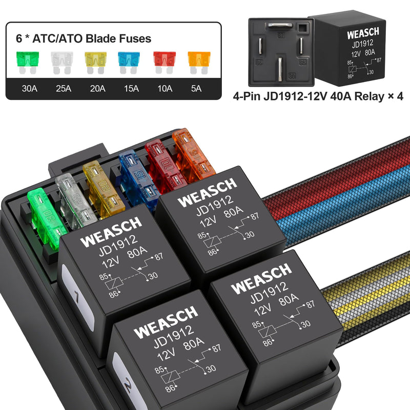 [Australia - AusPower] - 12V Pre-Wired Fuse Relay Box, 4 Relays and 6 ATC/ATO Blade Fuses, 4-Pin 40A Relay Block and Kit, for Cars Truck Marine Boat Jeep 6Way 4Relays 6Fuses 