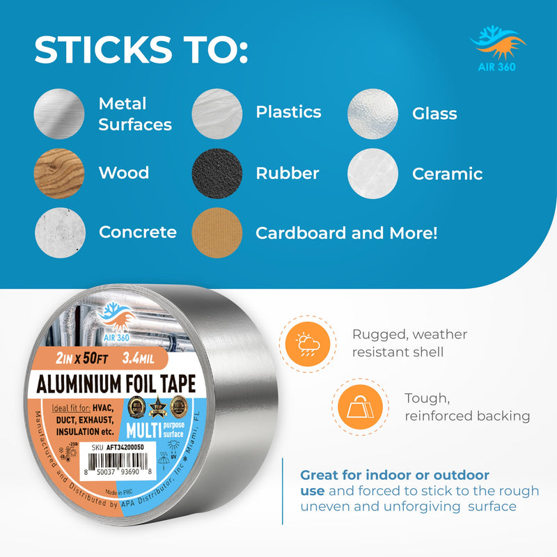 Air 360 Aluminum Foil Tape 2 Inch x 100 FT - HVAC Foil Tape for Ductwork, Dryer Vent, AC & Pipe Insulation - Heavy Duty High Temp Heat Resistant Metal Duct Tape, Waterproof Aluminum HVAC Tape 2x100