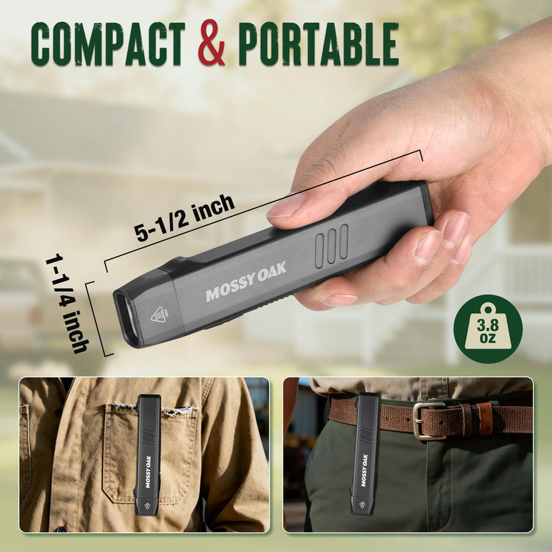 [Australia - AusPower] - Mossy Oak Rechargeable EDC Flat Flashlight 1200 Lumens, Pocket Work Light with Magnetic Base, UV & White Light Combo, Waterproof LED Inspection Light for Work, Outdoor Use and Emergencies - Gray 