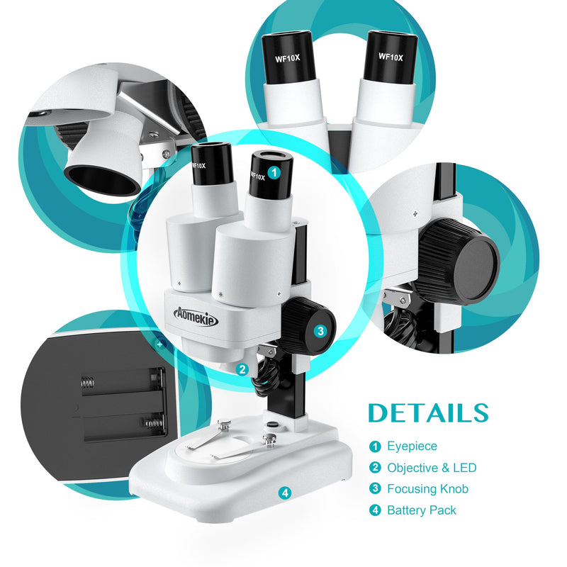 Aomekie® Microscope 20X 50X with 10Pcs Slides Insect Specimen Stereo Microscope with WF eyepieces LED Light Source Portable Stereoscope 12Pcs Mineral specimens