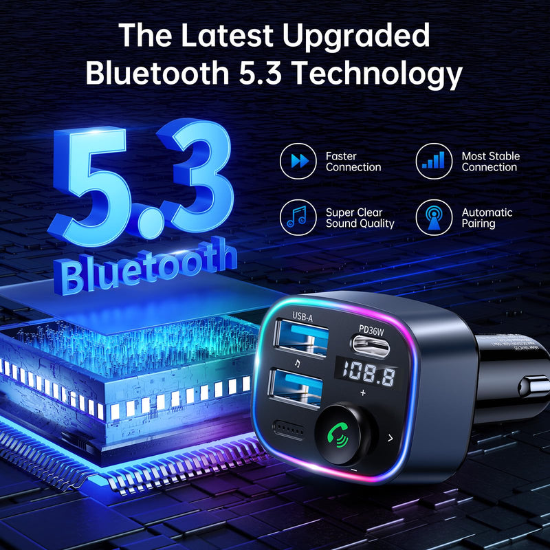 [Australia - AusPower] - Syncwire Bluetooth 5.3 FM Transmitter Car Adapter 48W(PD 36W & 12W) [Light Switch] [Hi-Fi Deep Bass] [Fast Charging] Wireless Radio Music Adapter LED Display Hands-Free Calling Support USB Drive Dark Blue 