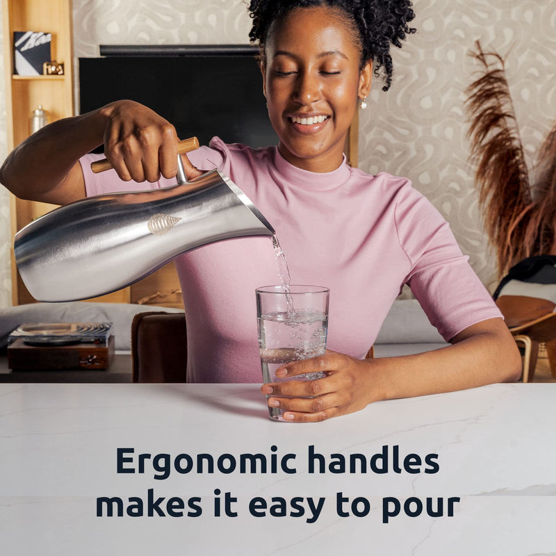 Invigorated Living Stainless Steel Water Pitcher with Lid, Ice Guard, Wooden Handle, Ideal for Cold and Fruit Infused Water (1.9L, No Filter) 1.9L Silver-NF