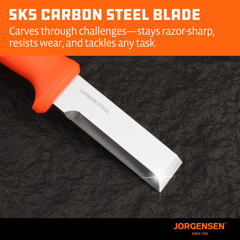 [Australia - AusPower] - Jorgensen Wood Chisel Knife with Sheath, Wood Chisel for Woodworking with Ergonomic Handle, SK5 Carbon Steel Blade, Full Tang Design, for Carving, Whittling, Splitting 