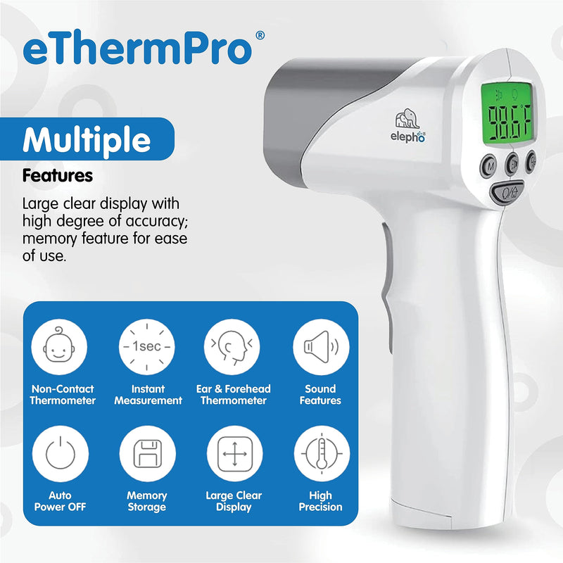 [Australia - AusPower] - Elepho eTherm Pro Medical Quality Non-Contact IR Forehead Thermometer for Family or Office Use. Instant Body, Object, or Liquid Readings. Large LCD Display. 32 Memory Readings 