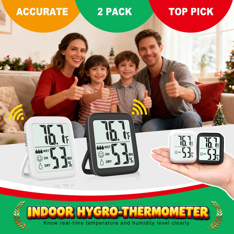 Antonki 2 Pack Room Thermometer for Home, Hygrometer Indoor Humidity Meter Gauge, Digital Temperature and Humidity Monitor Sensor for House, Terrarium, Incubator, Greenhouse - Battery Included 2 Pcs* Black & White