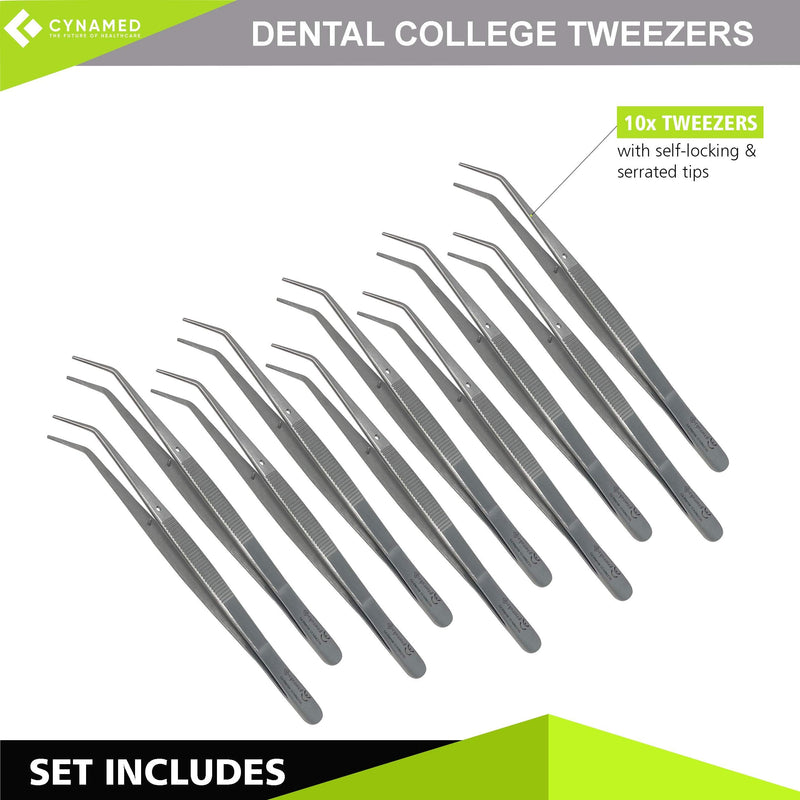 [Australia - AusPower] - Cynamed Premium Dental College Tweezer Tools-Stainless Steel with Curved Serrated Tip Multipurpose Forceps for Oral Care Denture Teeth Cleaning (10 Pack) 10 