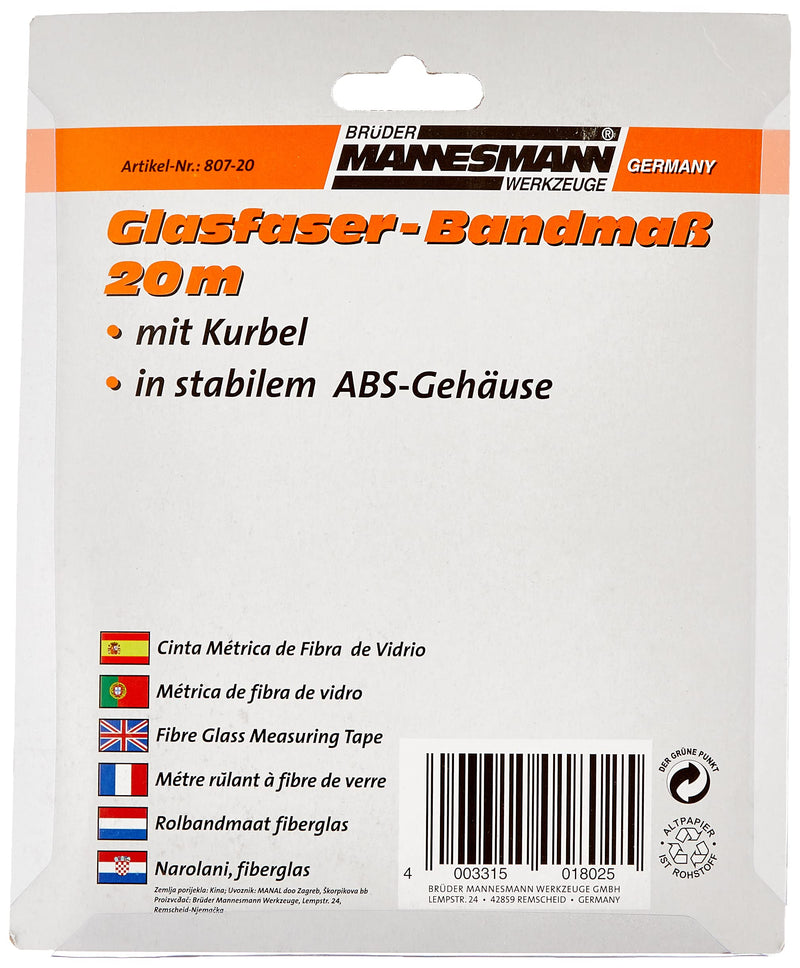 Mannesmann Tape Measure 20 m Fibreglass M 807-20 Silver, Black, Yellow