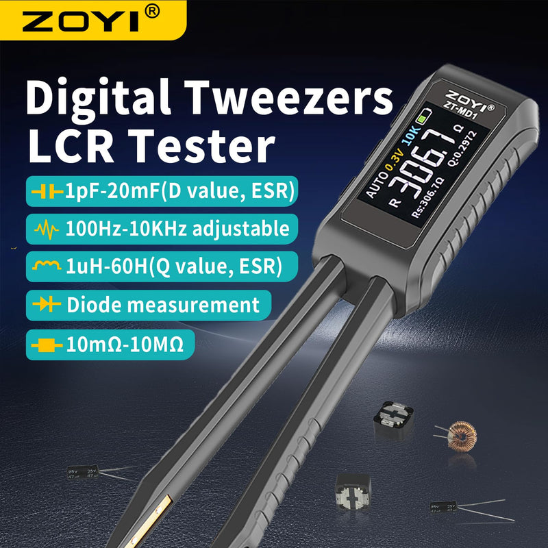 [Australia - AusPower] - LCR Meter Zoyi MD1 Bridge SMD Test Clip with OLED Display, Auto Identification, 10mΩ-10MΩ Resistance, 1pF-20mF Capacitance, 1uH-60H Inductance, Lithium Battery Powered, Portable for Electronic Repairs 