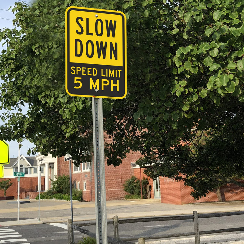 SmartSign 18 x 12 inch “Slow Down - Speed Limit 5 MPH” Metal Sign, 63 mil Aluminum, 3M Laminated Engineer Grade Reflective Material, Black, Silver and Yellow, Made in USA 12" x 18" 3M EG Reflective Aluminum